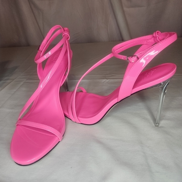 AAJ by Aminah Shoes - AAJ By Aminah Zayn Lucite Heel Asymmetrical Strap Dress Sandals - Neno Pink $150